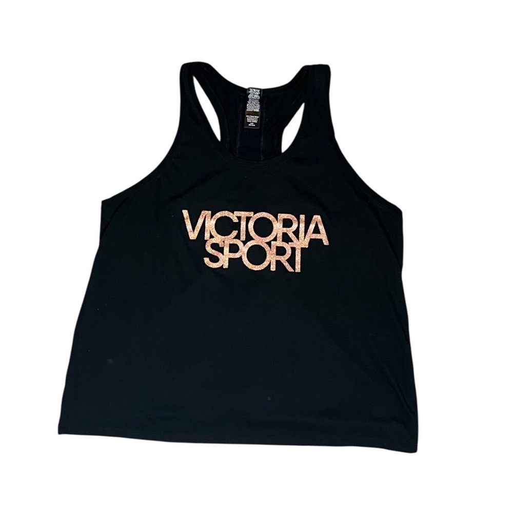 Victoria Sport Womens Black Rose Gold Glitter Logo Open Back Knot Tank Top Large